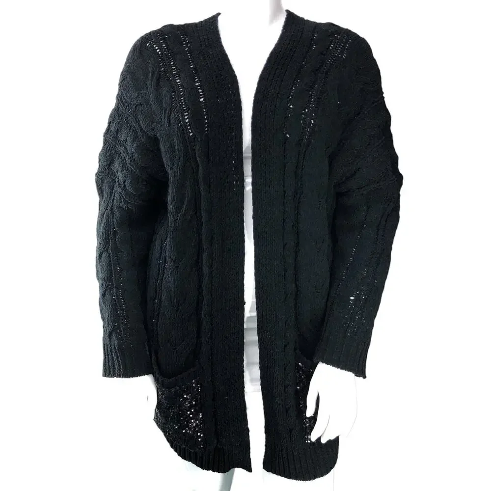 Loyd/Ford Womens Size M Sweater Chunky Knit Black Pure Rayon Sequins Pockets